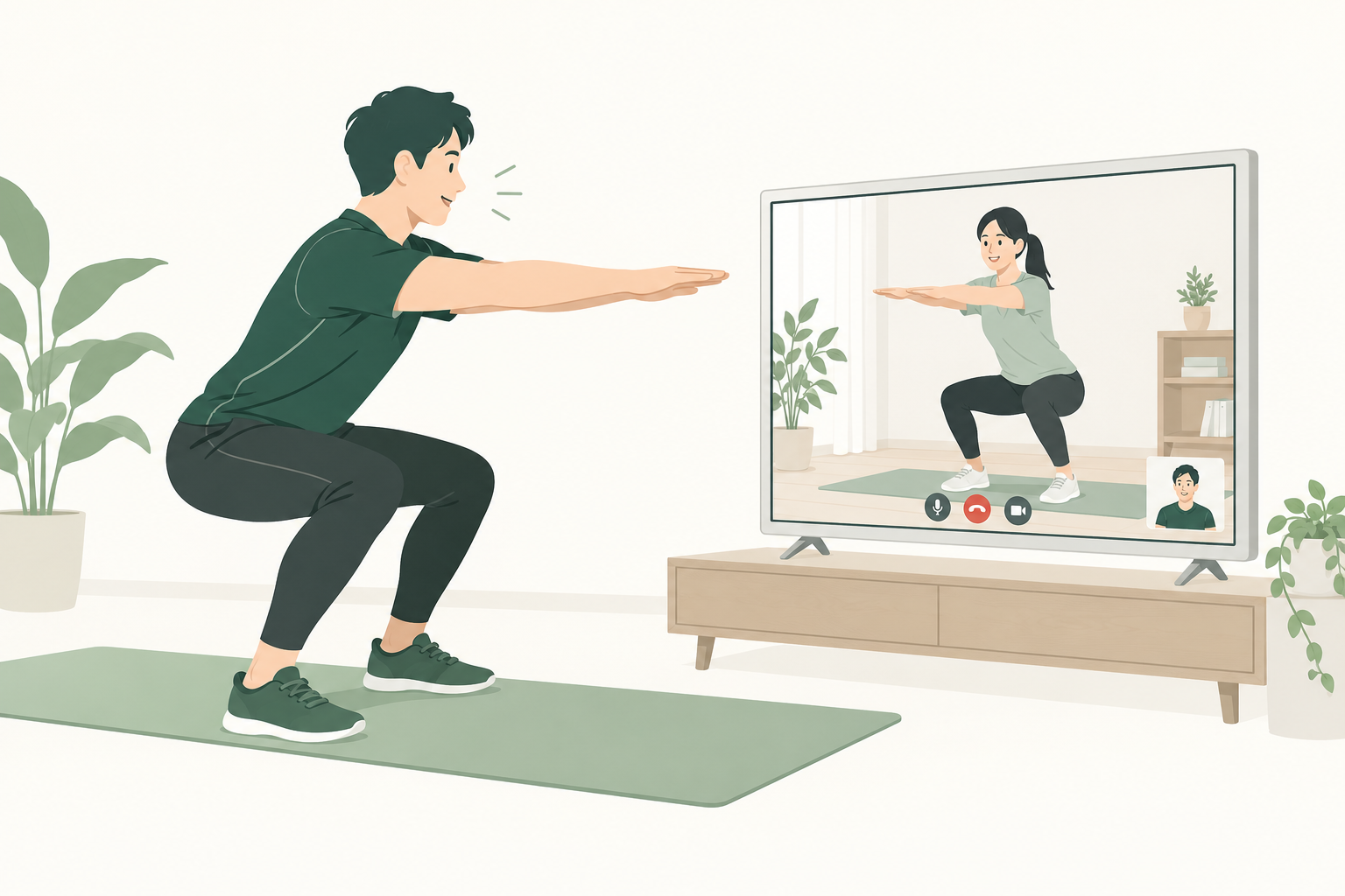 画面に映る受講生と同じスクワットを実演し、動きを見ながら指導するトレーナーのイラスト